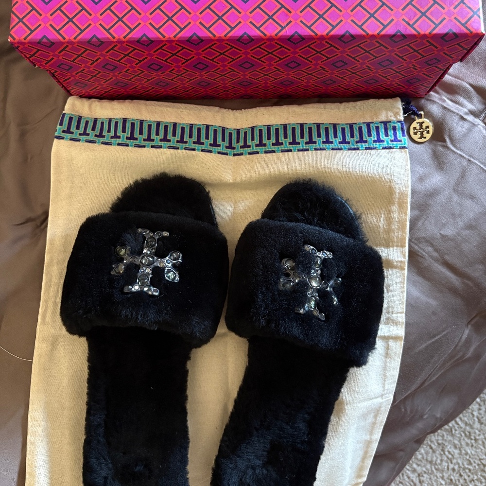 Tory Burch Black Jeweled Double T Shearling Slipper - Size 8.5
